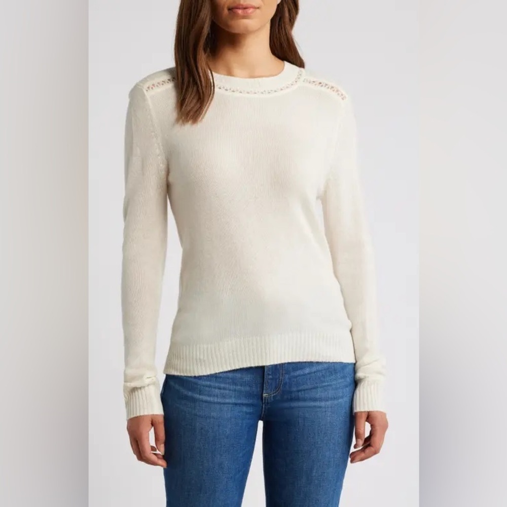 GRIFFEN 
Open Stitch Trim Wool & Cashmere Sweater - Ivory